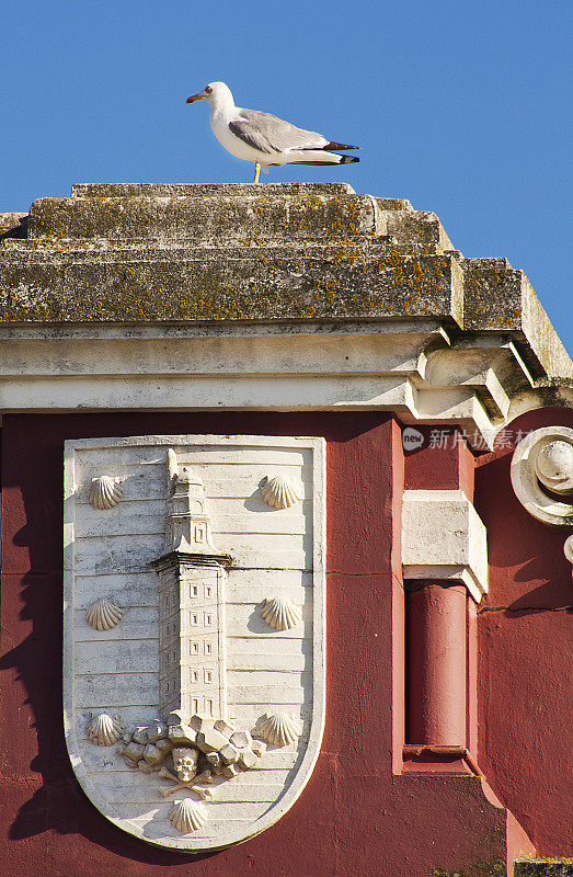 A Coruña city coat of arms on old-fashioned facade, seagull on top.